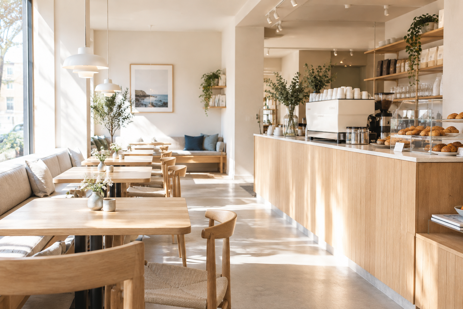 Sunlit neighborhood cafe with pale oak tables, linen details, and a calm Scandinavian-inspired interior