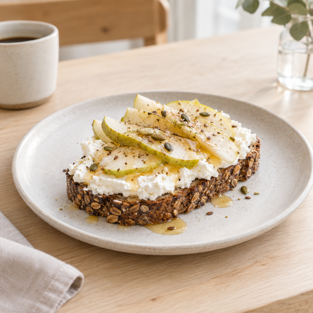 Seeded dark rye toast topped with creamy ricotta, sliced ripe pear, and honey on a simple stoneware plate.