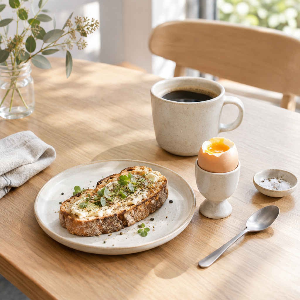A relaxed breakfast table with toast, a soft-boiled egg, and coffee