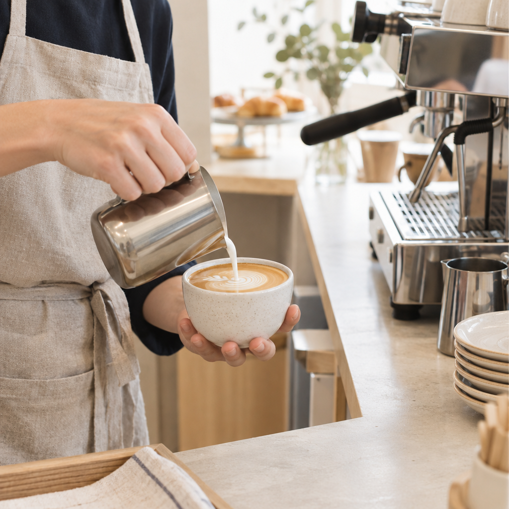 Barista pouring steamed milk into a cappuccino at the cafe counter