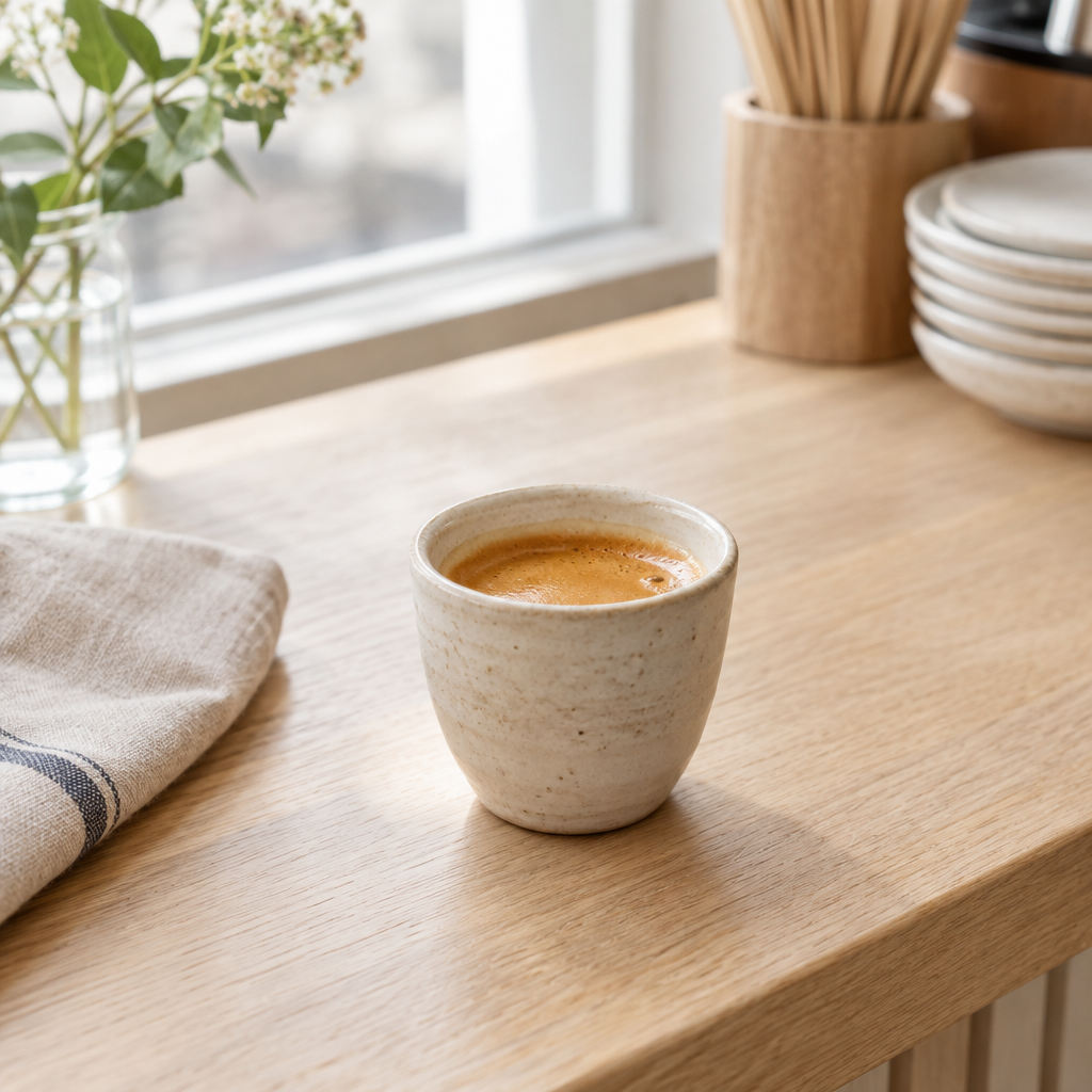 A freshly pulled espresso in a small ceramic cup on a pale oak counter
