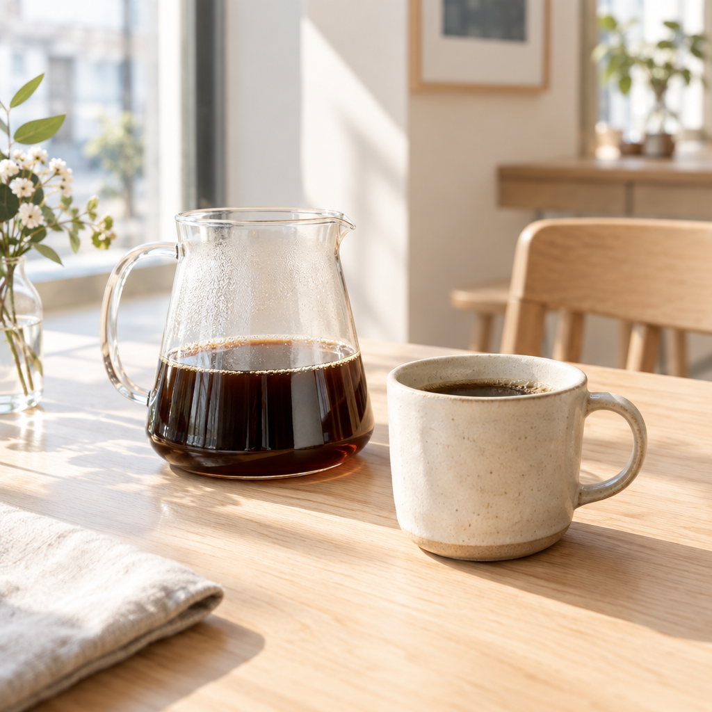 A glass carafe of filter coffee and a handmade cup on a sunlit table