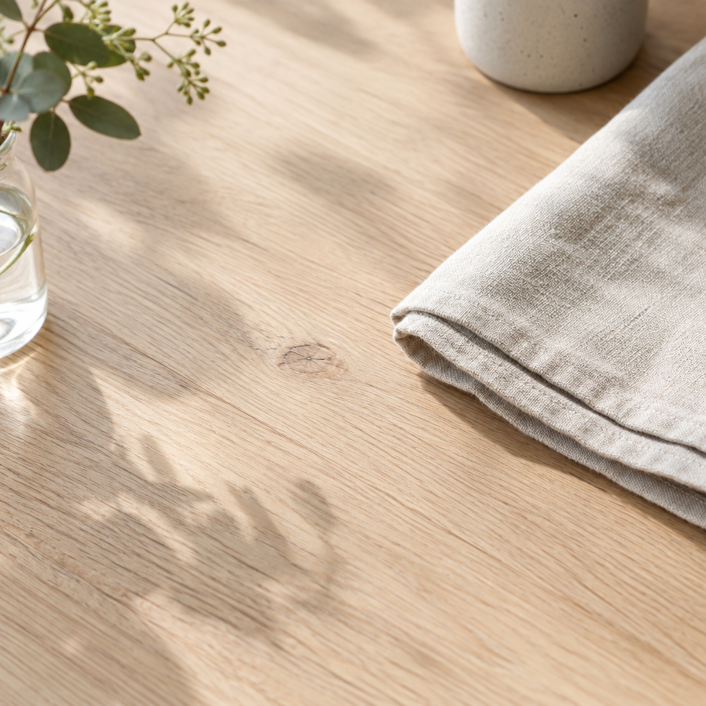 Close detail of pale oak grain and a neatly folded natural linen cloth