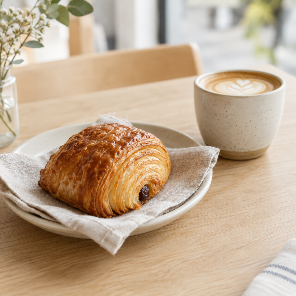 Golden flaky morning pastry on a linen-lined plate beside a coffee