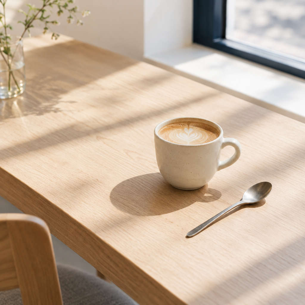 A quiet tabletop detail with a coffee cup, small spoon, and soft morning shadows