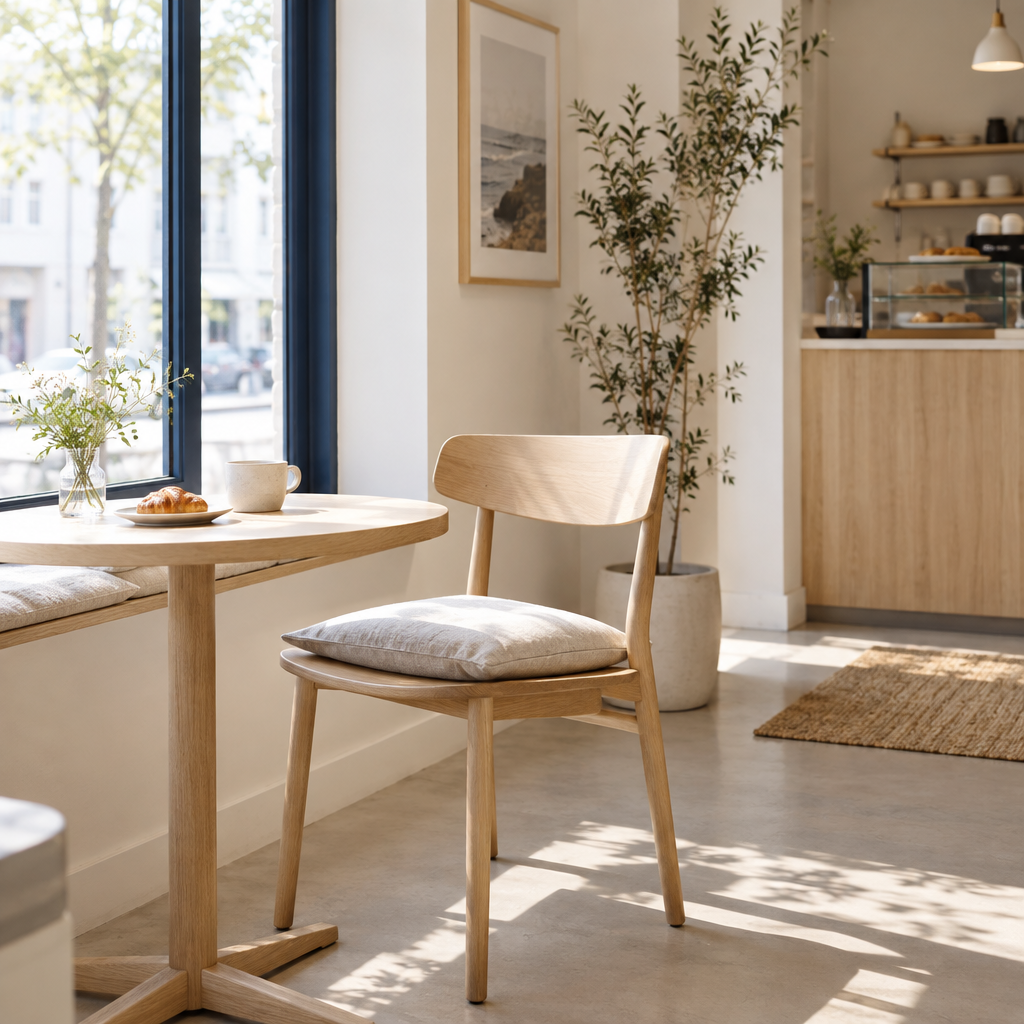 A quiet cafe window corner with a simple oak chair and soft daylight