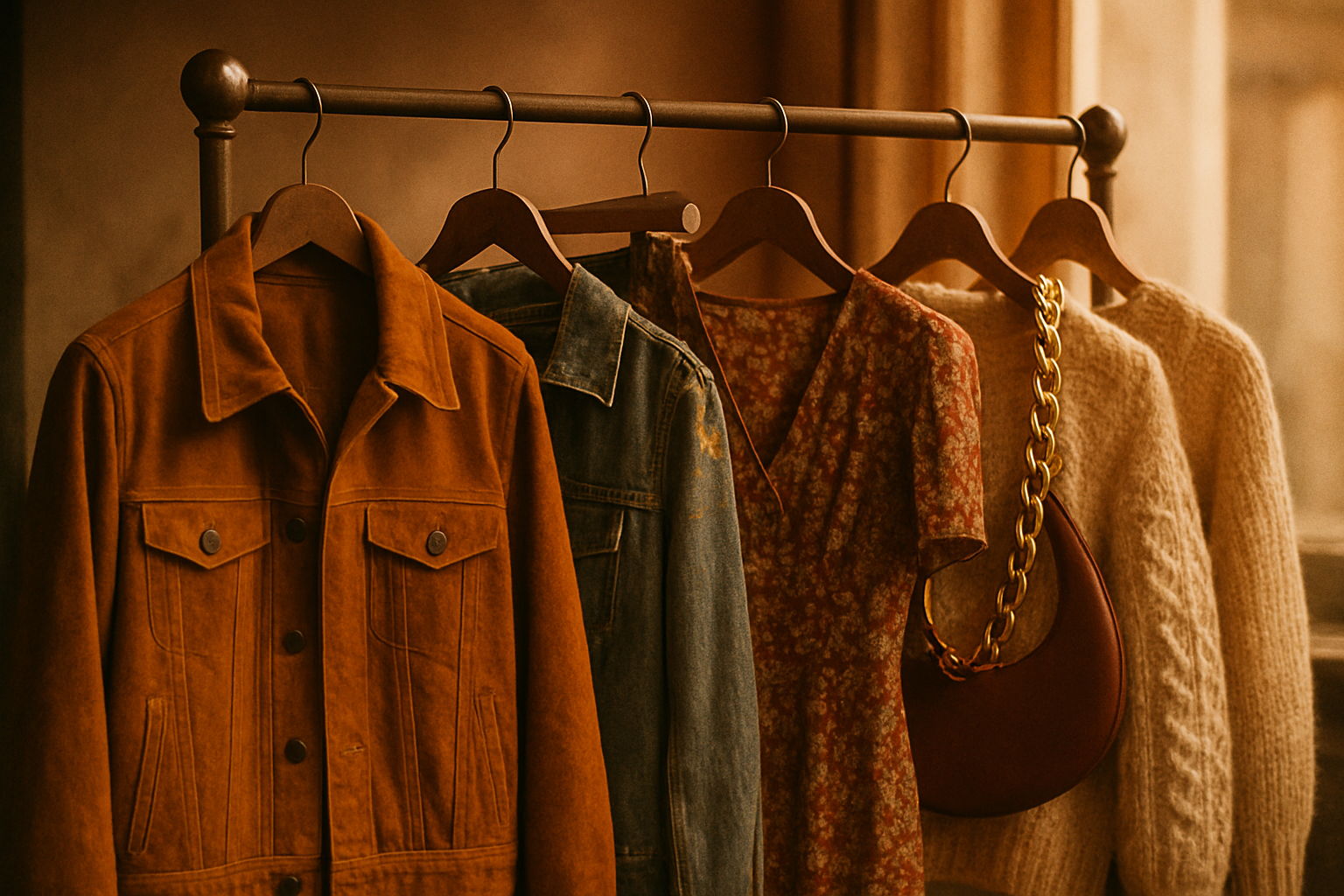 Warm film photograph of a curated vintage clothing rack with jackets, denim, dresses, knits, and accessories