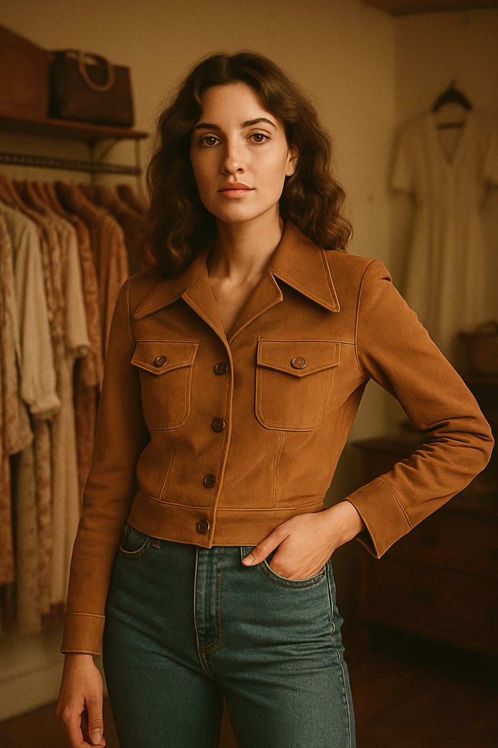 Editorial portrait of a vintage fashion model in 70s inspired styling