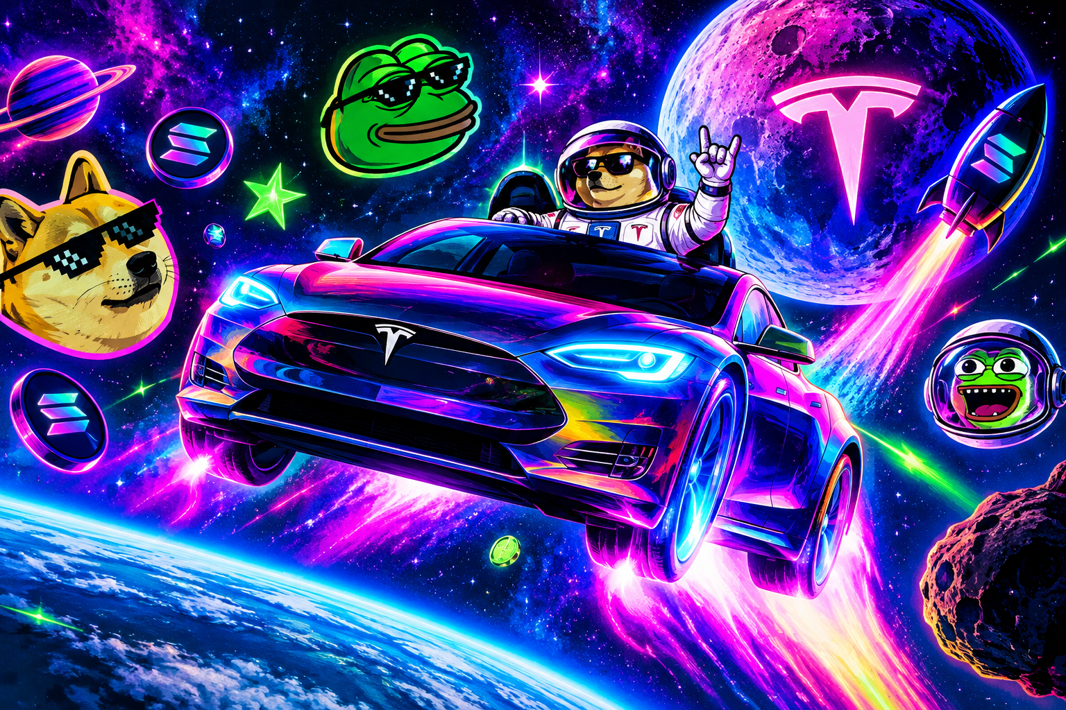 Wide horizontal banner scene of a neon Tesla soaring through space debris and meme symbols