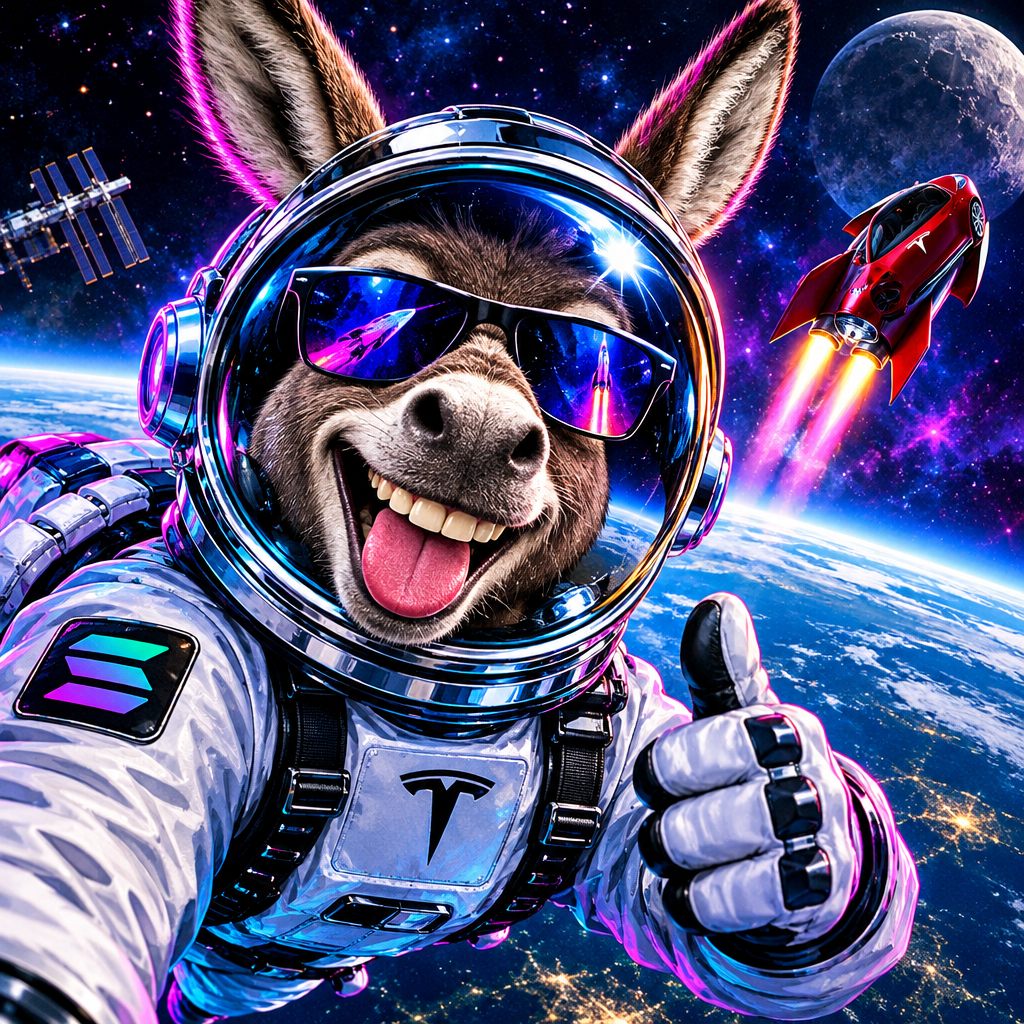 Small meme-style astronaut donkey mascot wearing a reflective chrome helmet with Tesla-in-space parody energy