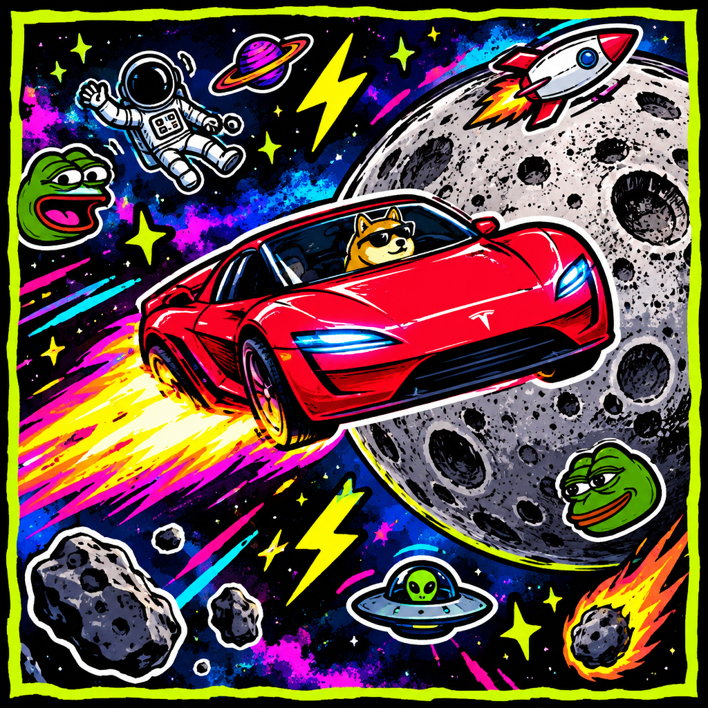 Small comic-style scene of a red Tesla blasting past a moon with meme stickers