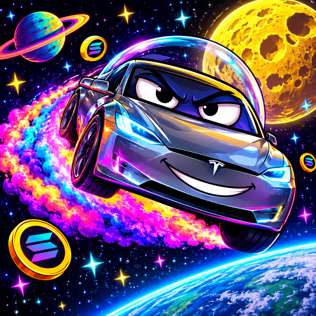 Meme coin character avatar of a chrome car drifting through stars with a mischievous face