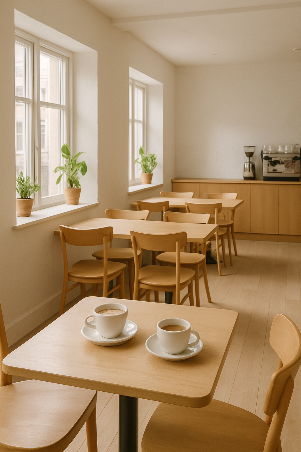 Bright cozy cafe interior with natural light, wooden tables, and plants
