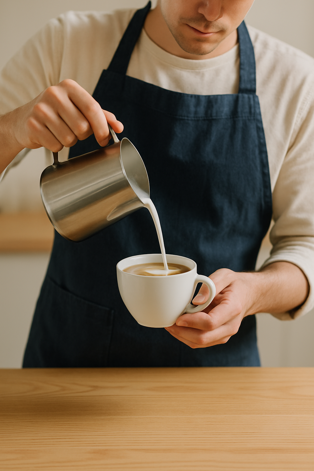 Barista in a navy apron pouring milk into an espresso from a steel pitcher