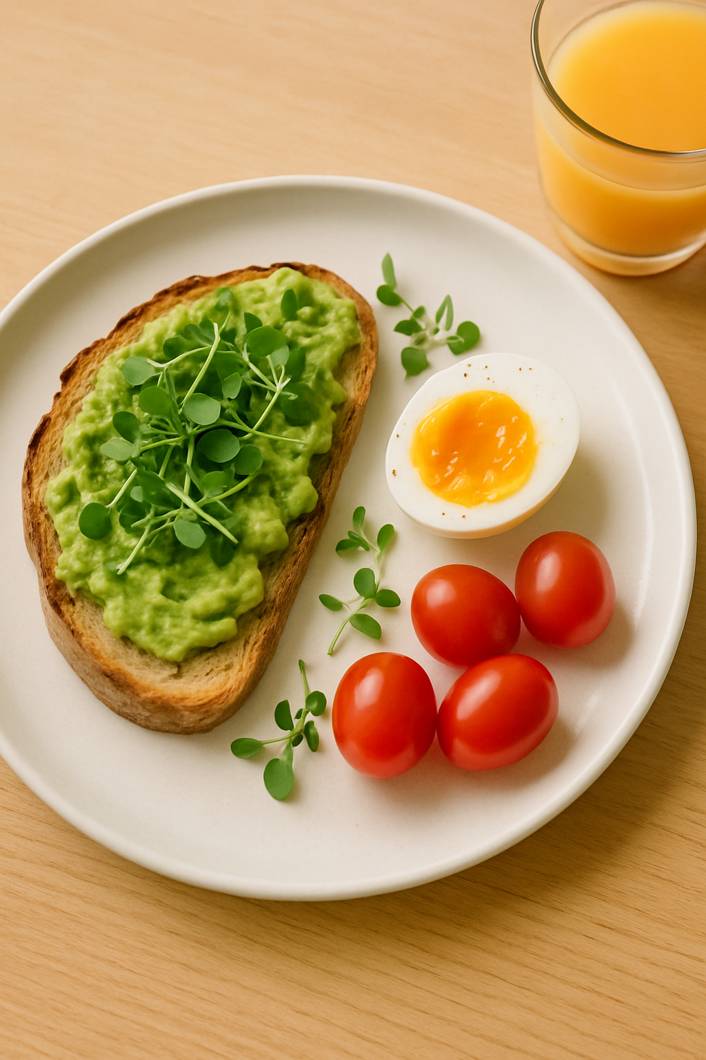 Bright breakfast plate with avocado toast, soft boiled egg, and microgreens on white ceramic