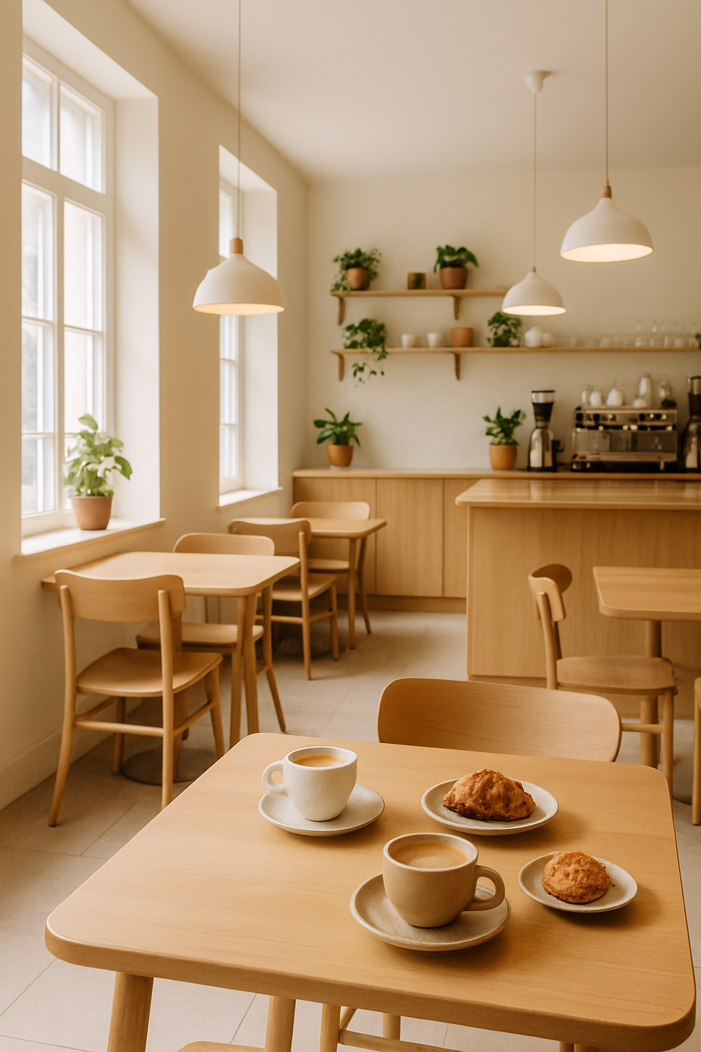 Cozy cafe interior with natural light streaming through large windows, wooden tables, ceramic coffee cups, and a warm welcoming atmosphere