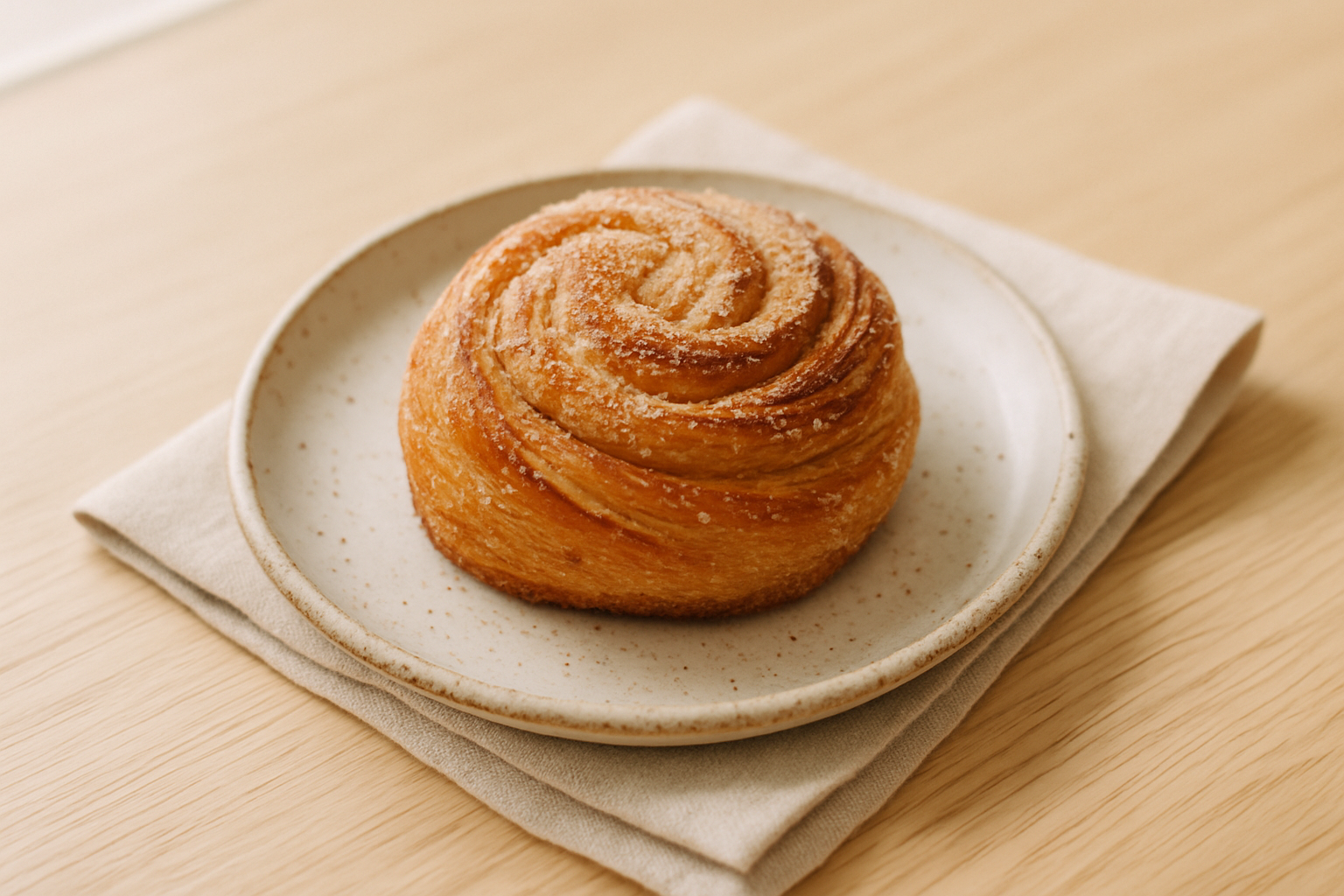 Golden cardamom morning bun dusted with sugar on a speckled plate