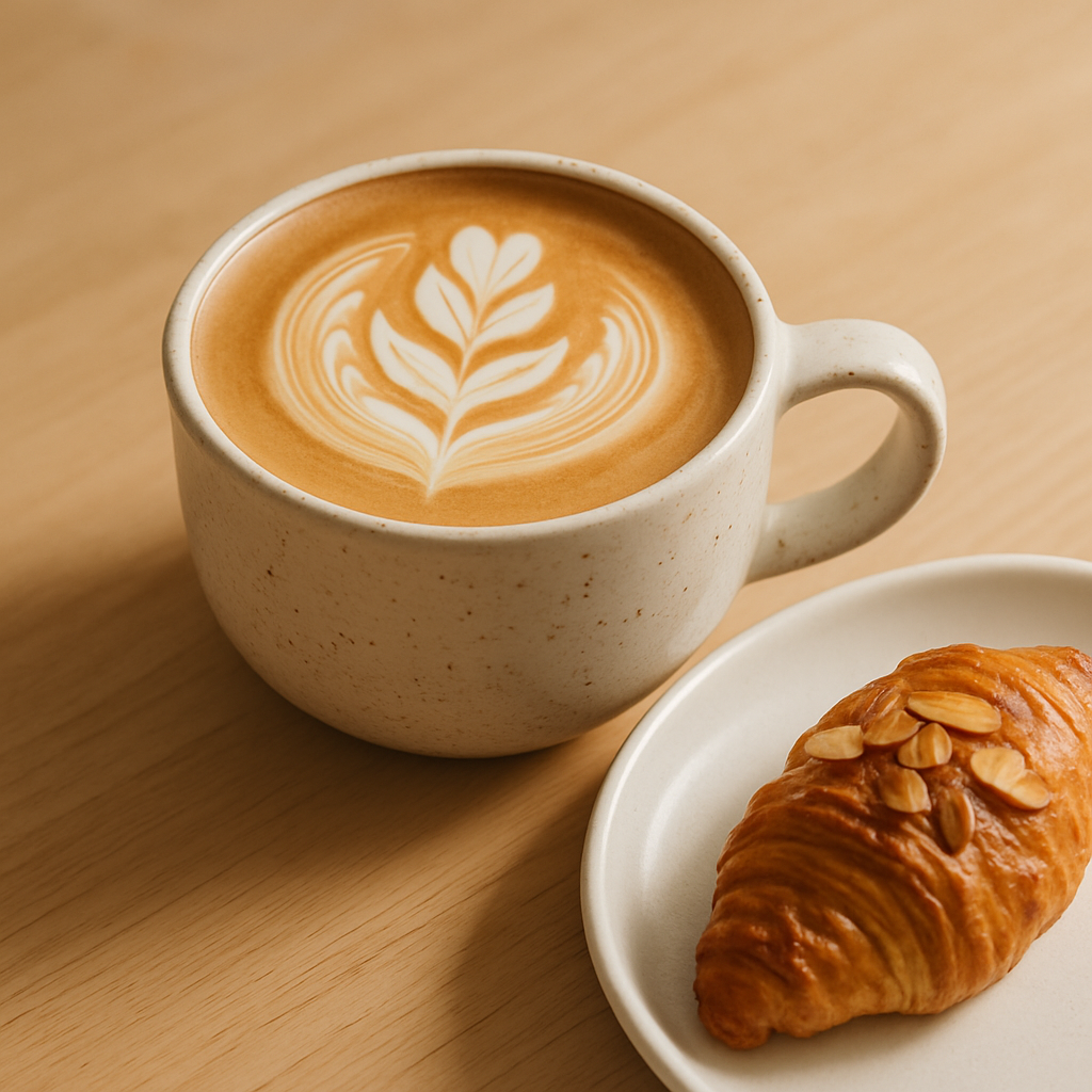 Close-up of a handmade ceramic cup filled with latte art on a light wooden table with a small pastry