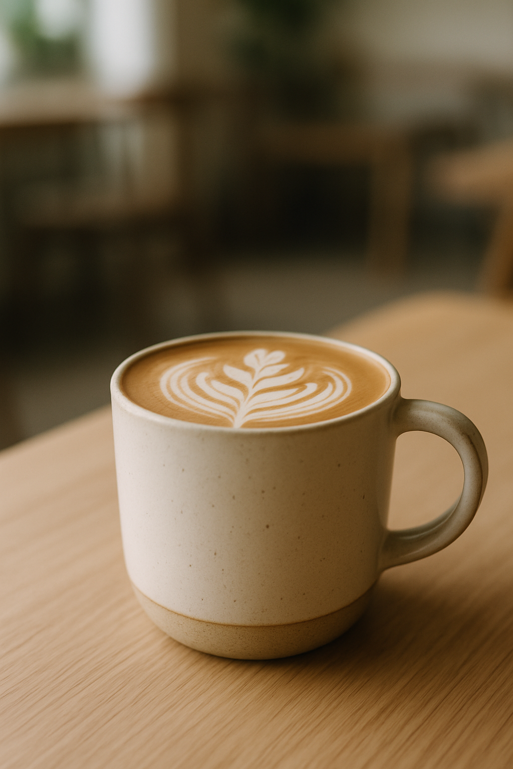 Close-up of a latte with delicate art in a ceramic mug on a light wood table