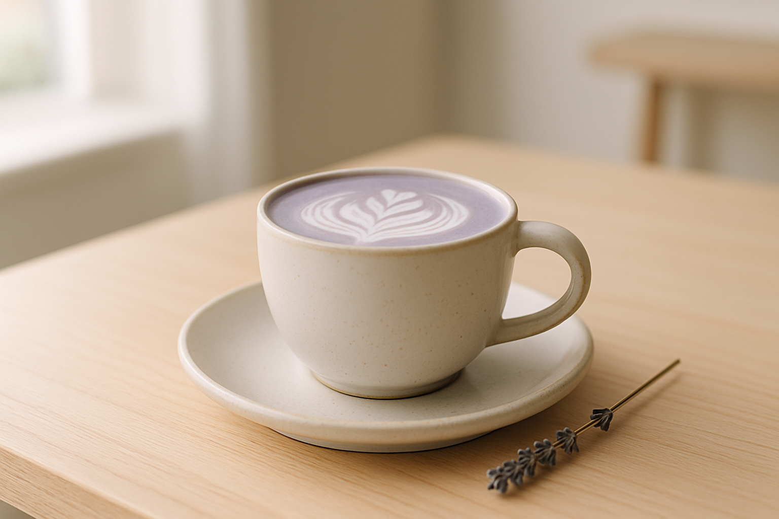 Lavender oat milk latte in a ceramic cup on a light wood table