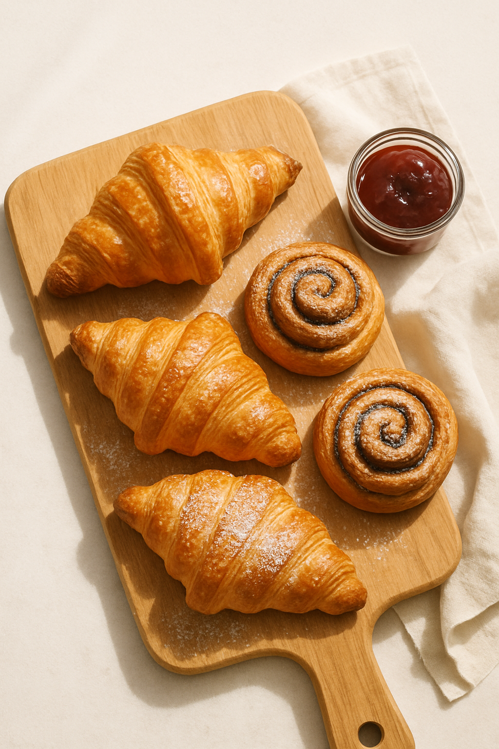 Golden croissants and cinnamon rolls arranged on a rustic wooden board