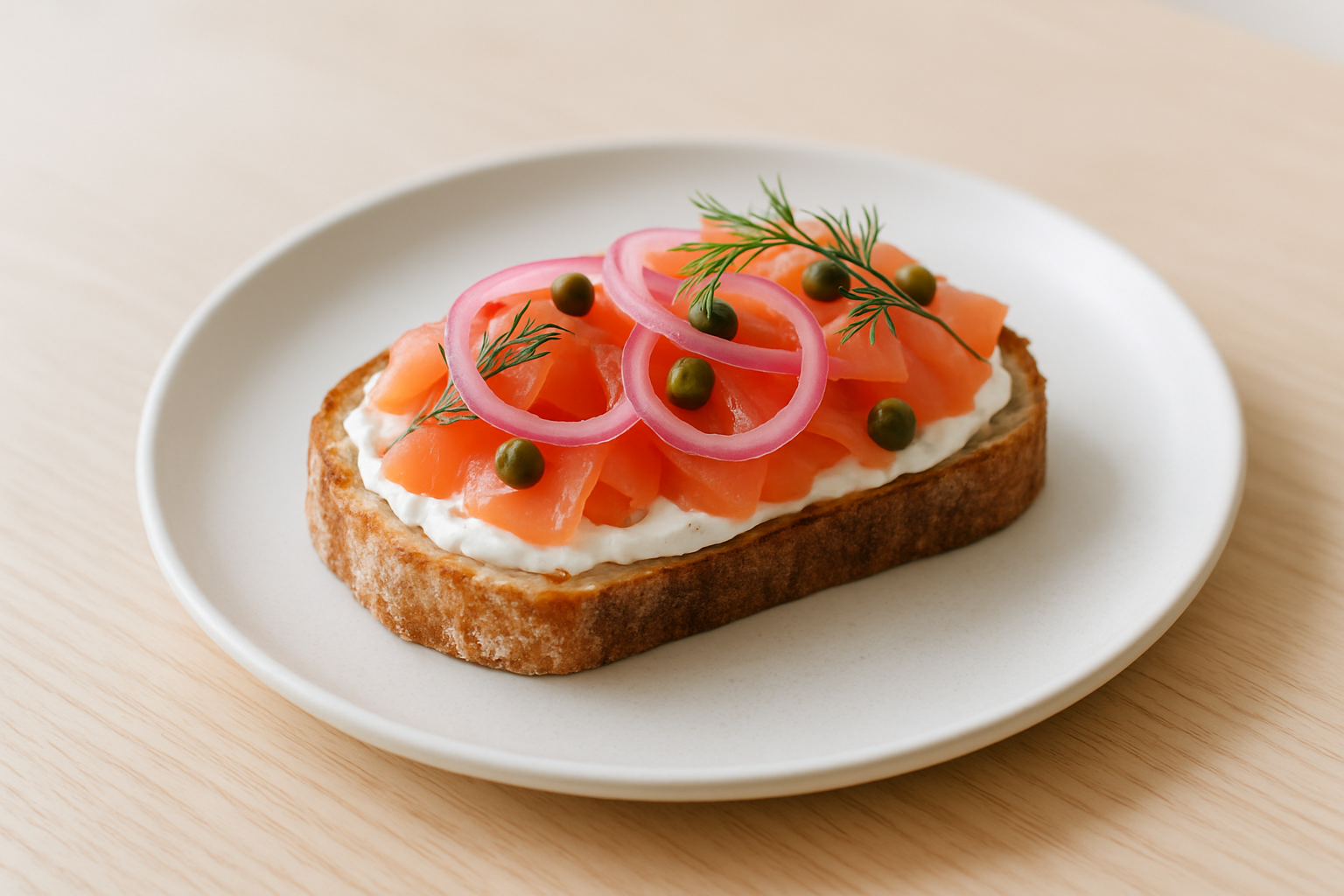 Open-faced smoked salmon tartine with cream cheese and dill on sourdough