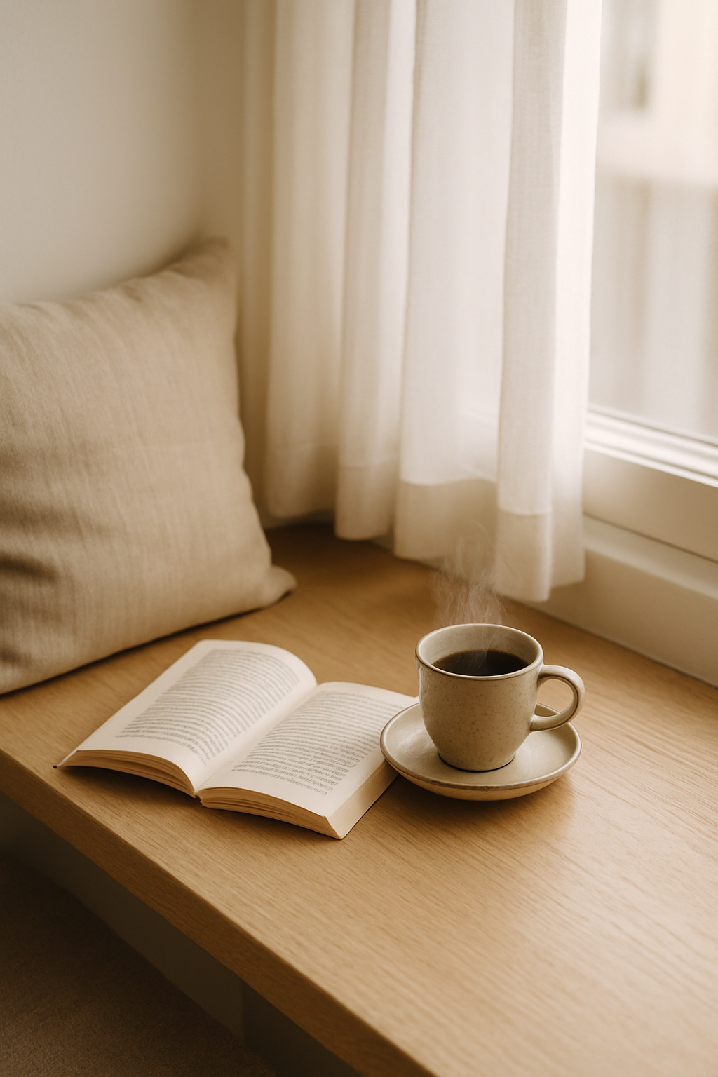 Cozy window seat with a cushion, an open book, and a steaming cup of coffee beside soft curtains