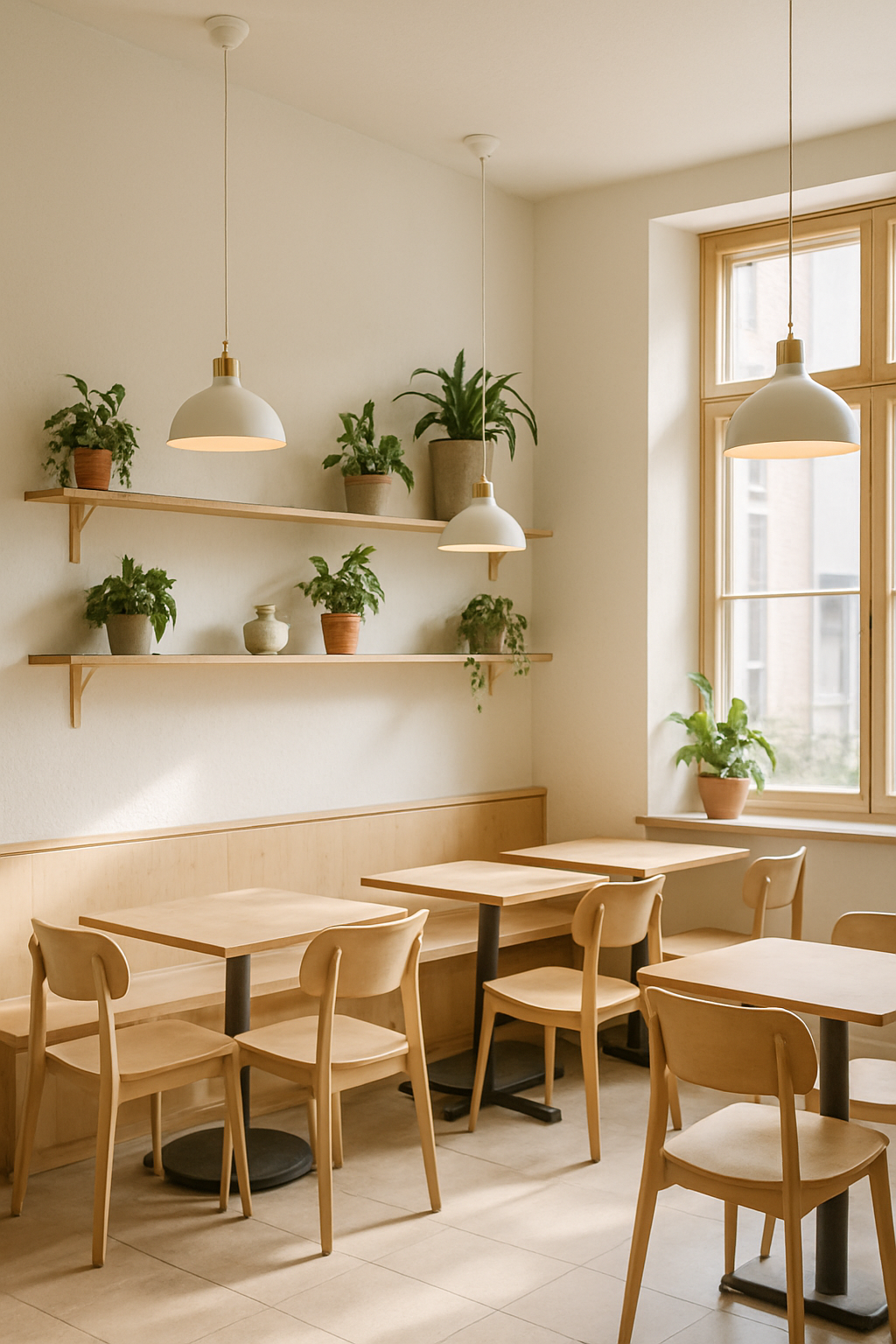 Airy cafe interior with light wood furniture, white walls, and natural sunlight streaming in