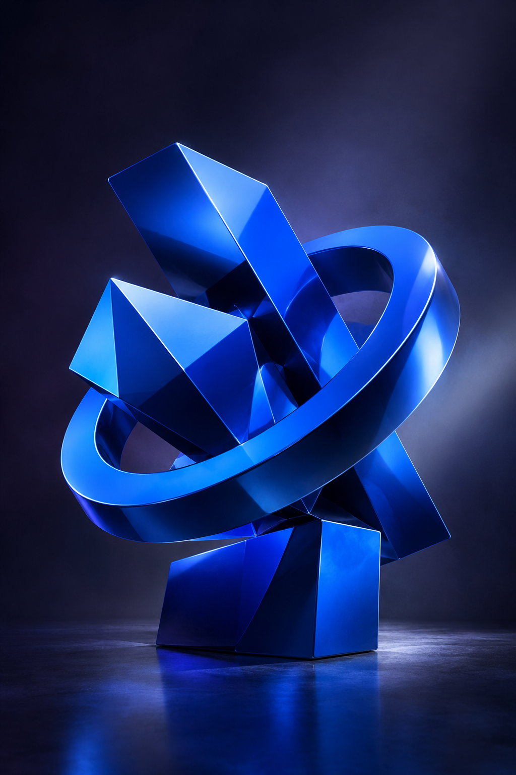 Interlocking electric-blue geometric sculpture with reflective surfaces, realistic cinematic lighting, layered depth, and dark studio atmosphere