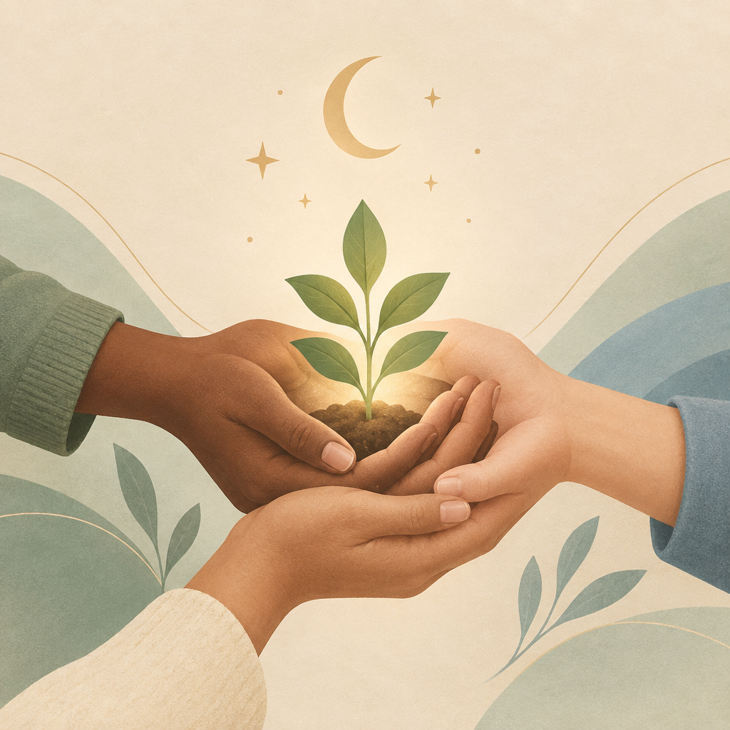 Soft illustration of three diverse hands holding a small glowing seedling beneath a calm moon and stars