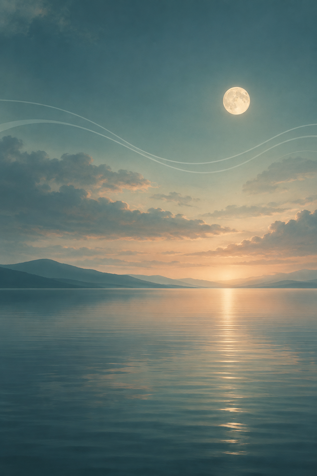 Soft moonlit horizon over calm water with gentle breathing-wave patterns in the sky