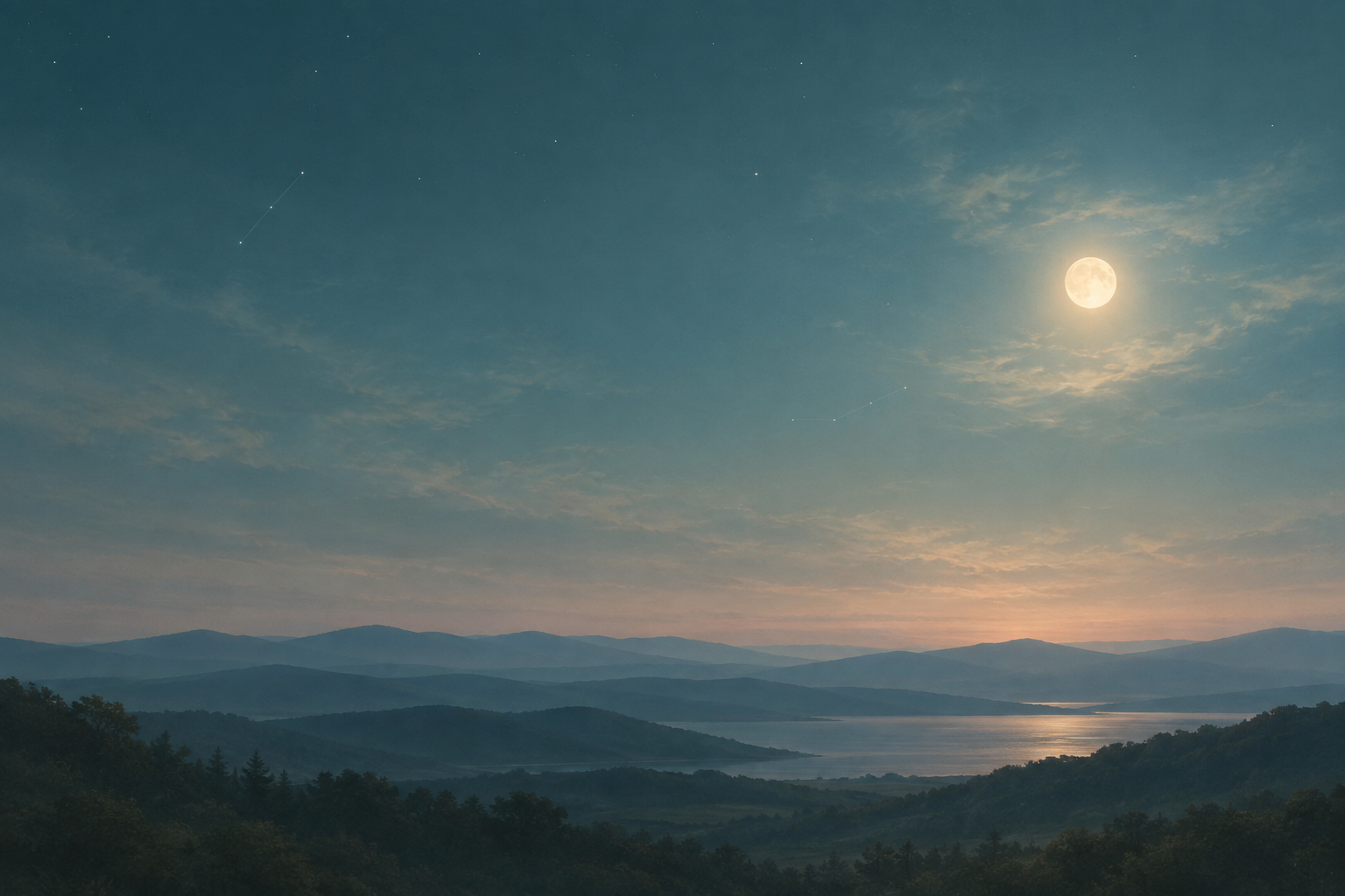 Soft moonlit horizon with a muted blue-green sky, gentle cloud glow, and faint constellation points over calm distant hills