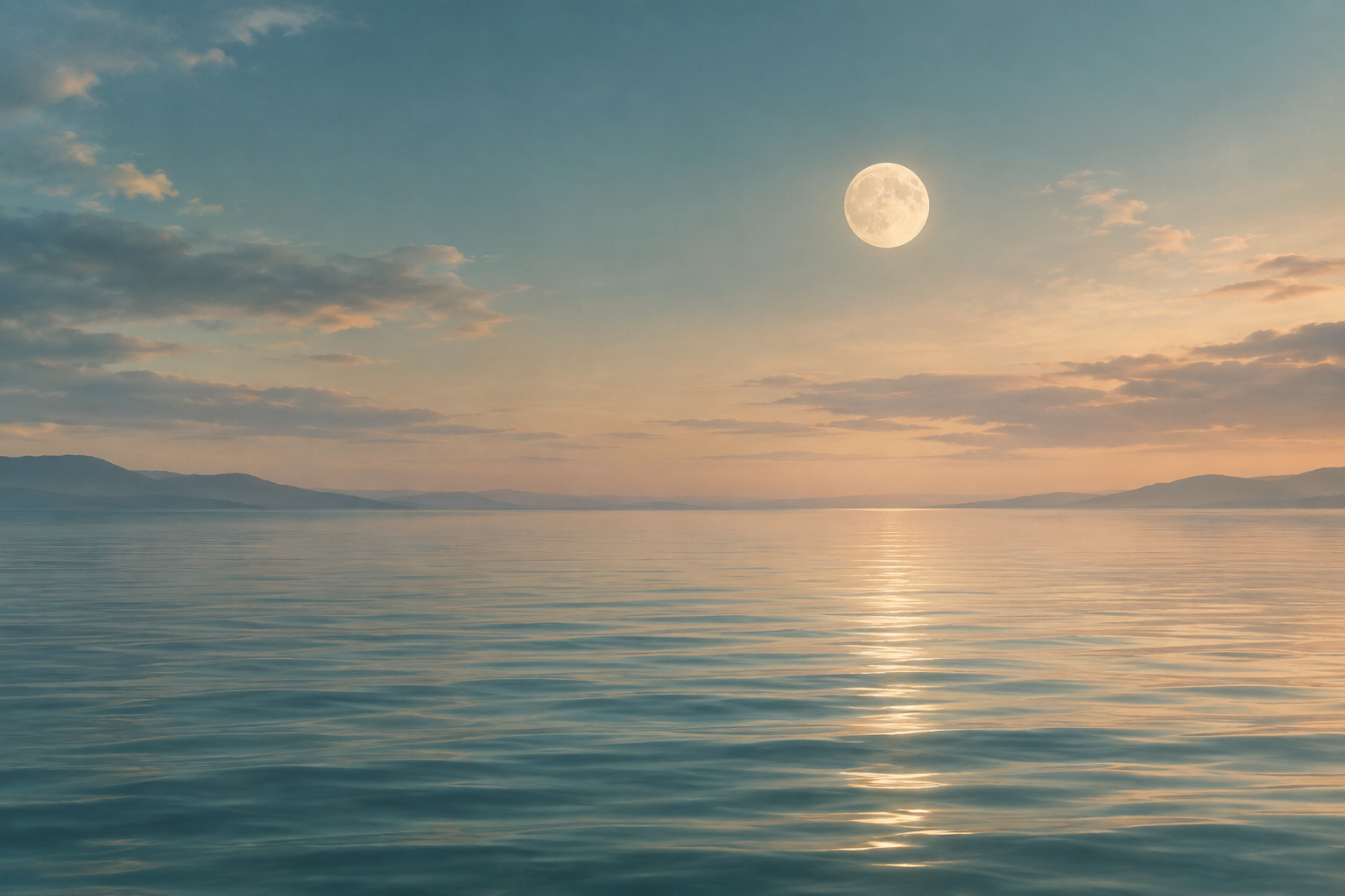 Calm moonlit horizon over gentle water with soft blue and warm neutral tones