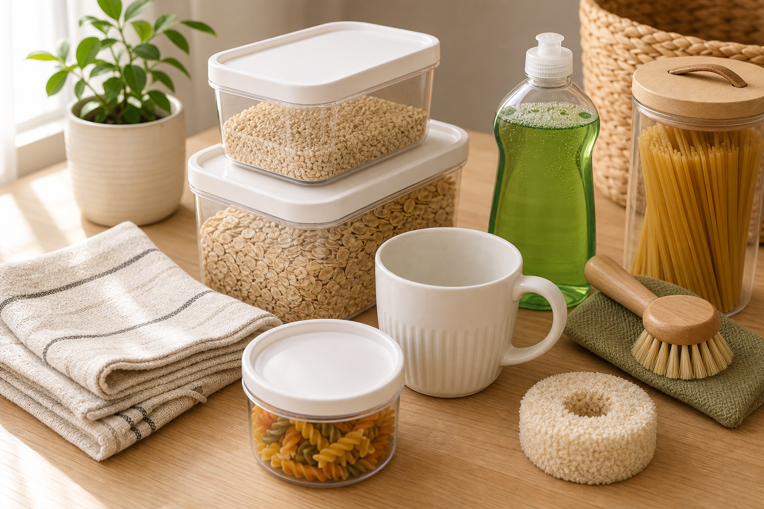 Warm retail flat lay of everyday household goods including a soft beige dish towel, clear storage containers, a white ceramic mug, a small bottle of dish soap, and pantry staples on a light wood surface