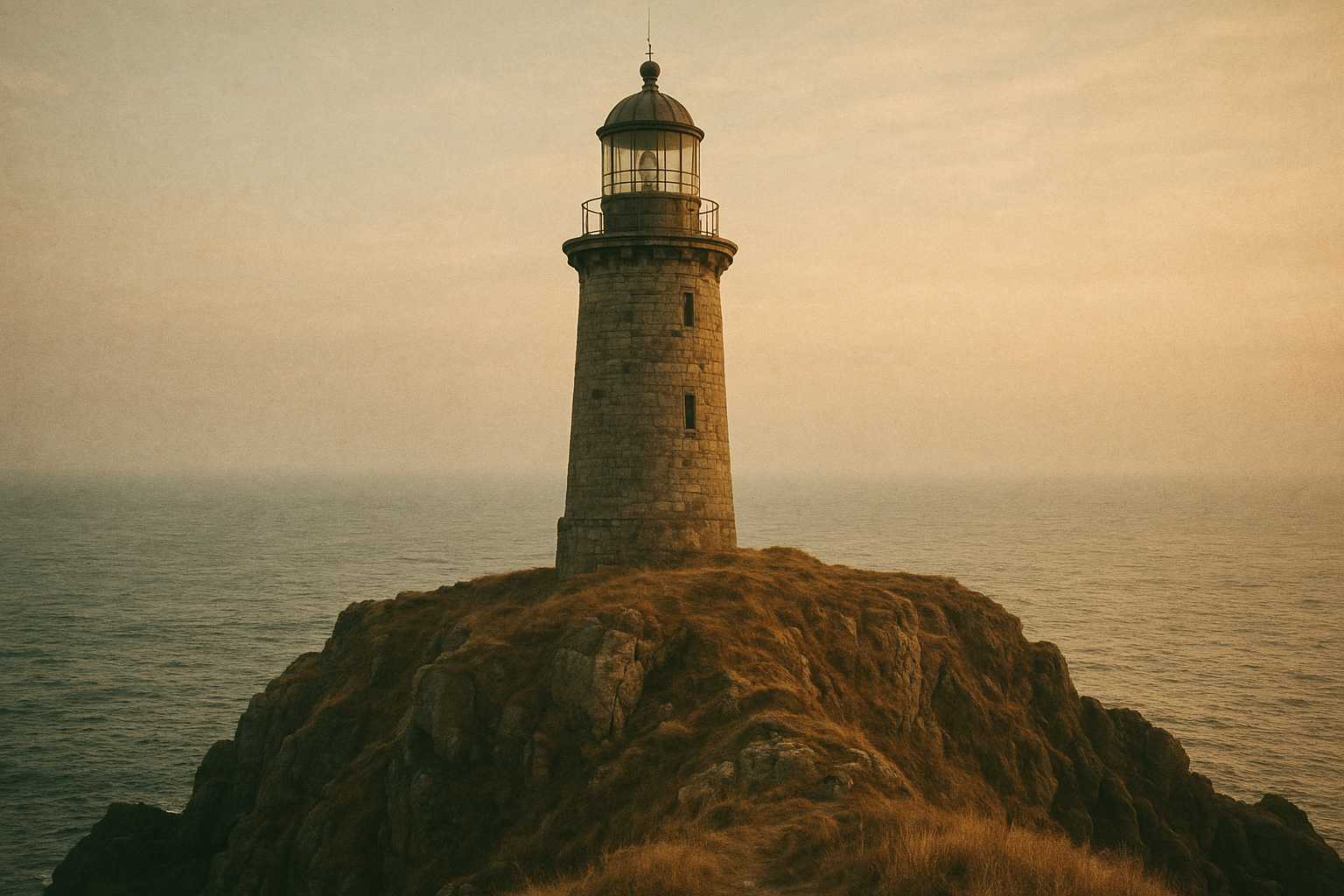 Weathered stone lighthouse on a rugged northern coastline at golden-hour dusk, with muted sea tones, soft haze, and subtle film-like grain