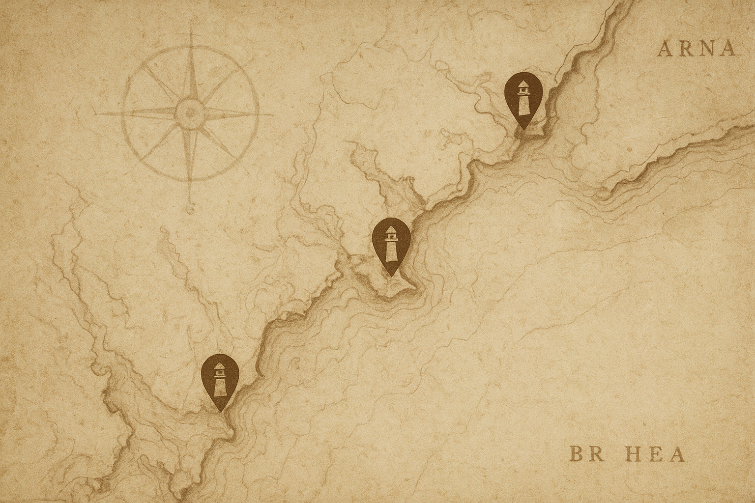 Archival-style coastal map excerpt with lighthouse markers, worn paper texture, and handwritten shoreline notes