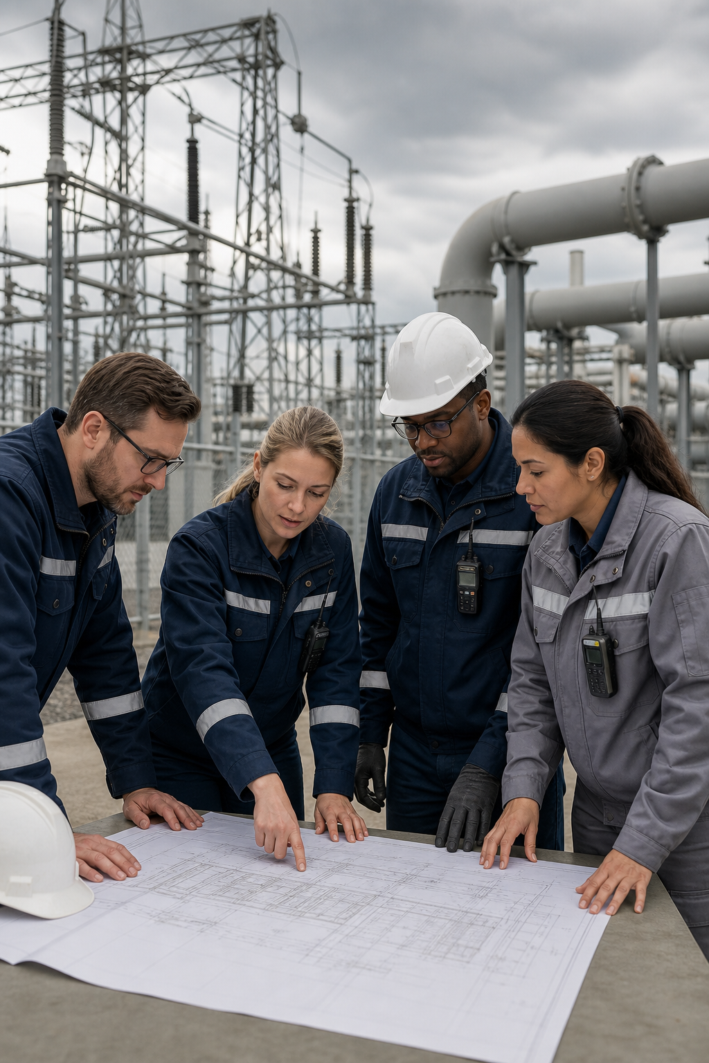 Professional energy team reviewing site plans beside industrial infrastructure