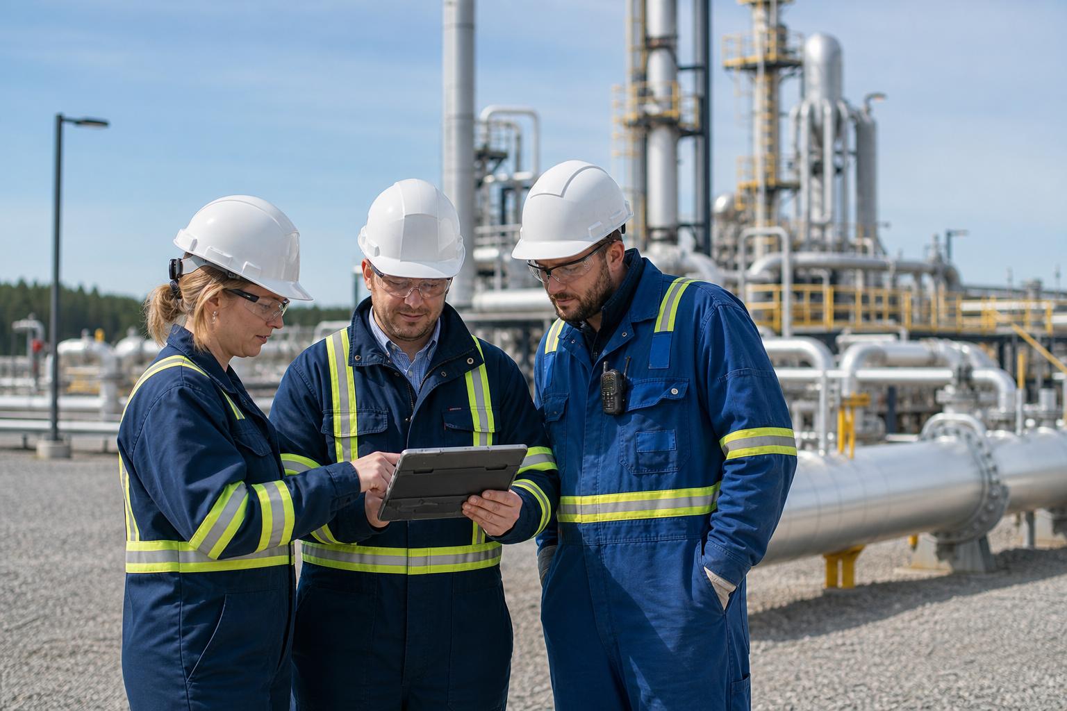 Energy professionals in safety gear reviewing infrastructure plans beside a modern utility site