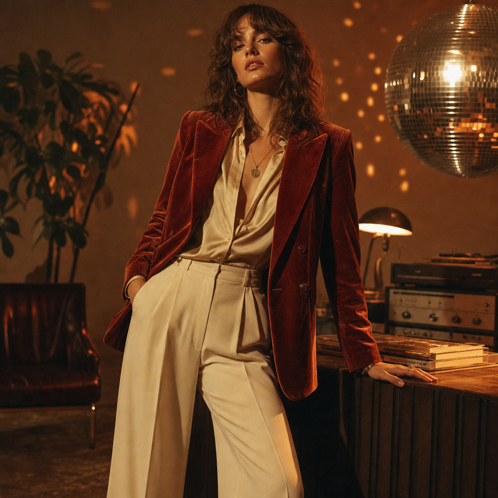 Woman in a rust velvet blazer and wide-leg cream trousers under warm disco lighting