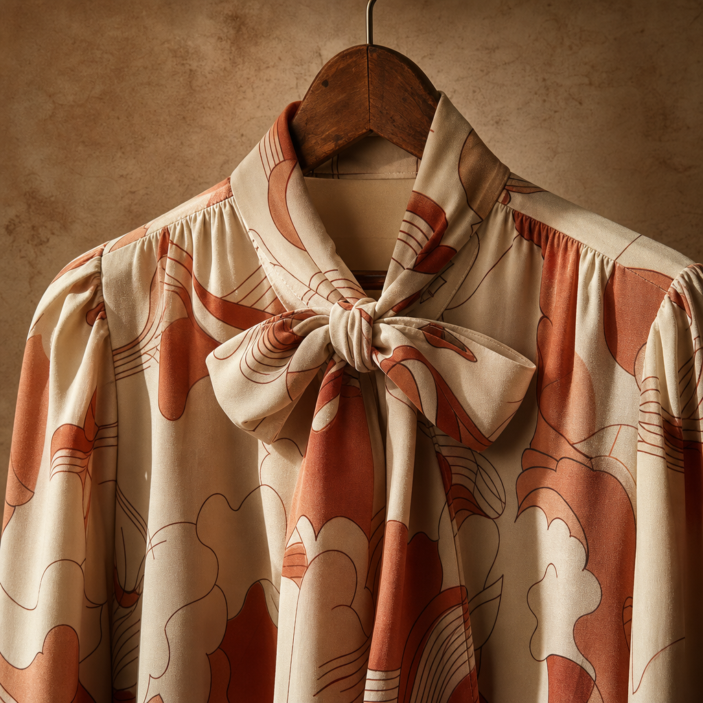 Close-up of a cream and terracotta printed 1980s blouse with dramatic sleeves and a tied neck bow, displayed on a vintage hanger
