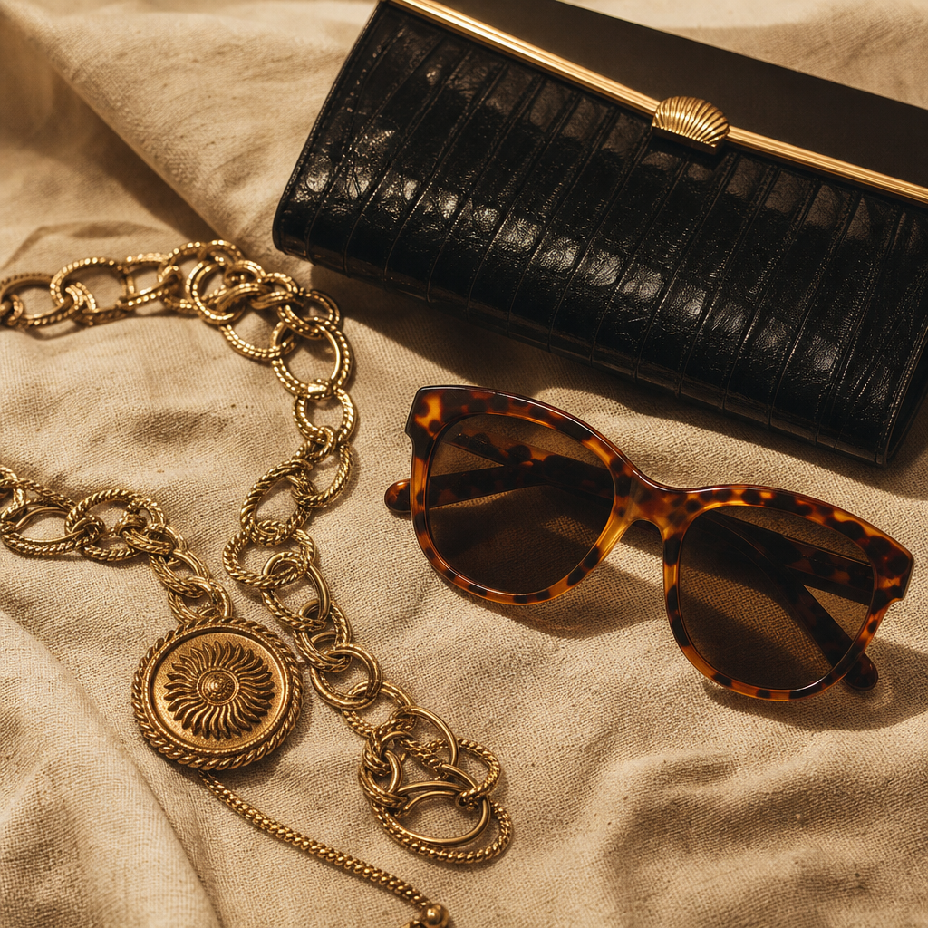 Flatlay of rare 70s and 80s accessories including a gold chain belt, tortoiseshell sunglasses, and a black clutch on a textured neutral backdrop