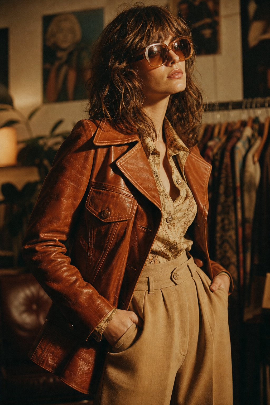 Model wearing a warm-toned 70s leather jacket with wide lapels and high-waisted trousers, photographed in cinematic, film-like lighting