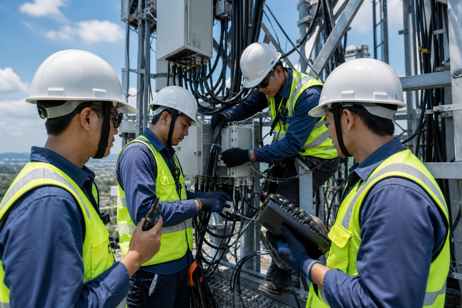 Industrial field team reviewing installation work at an active project site