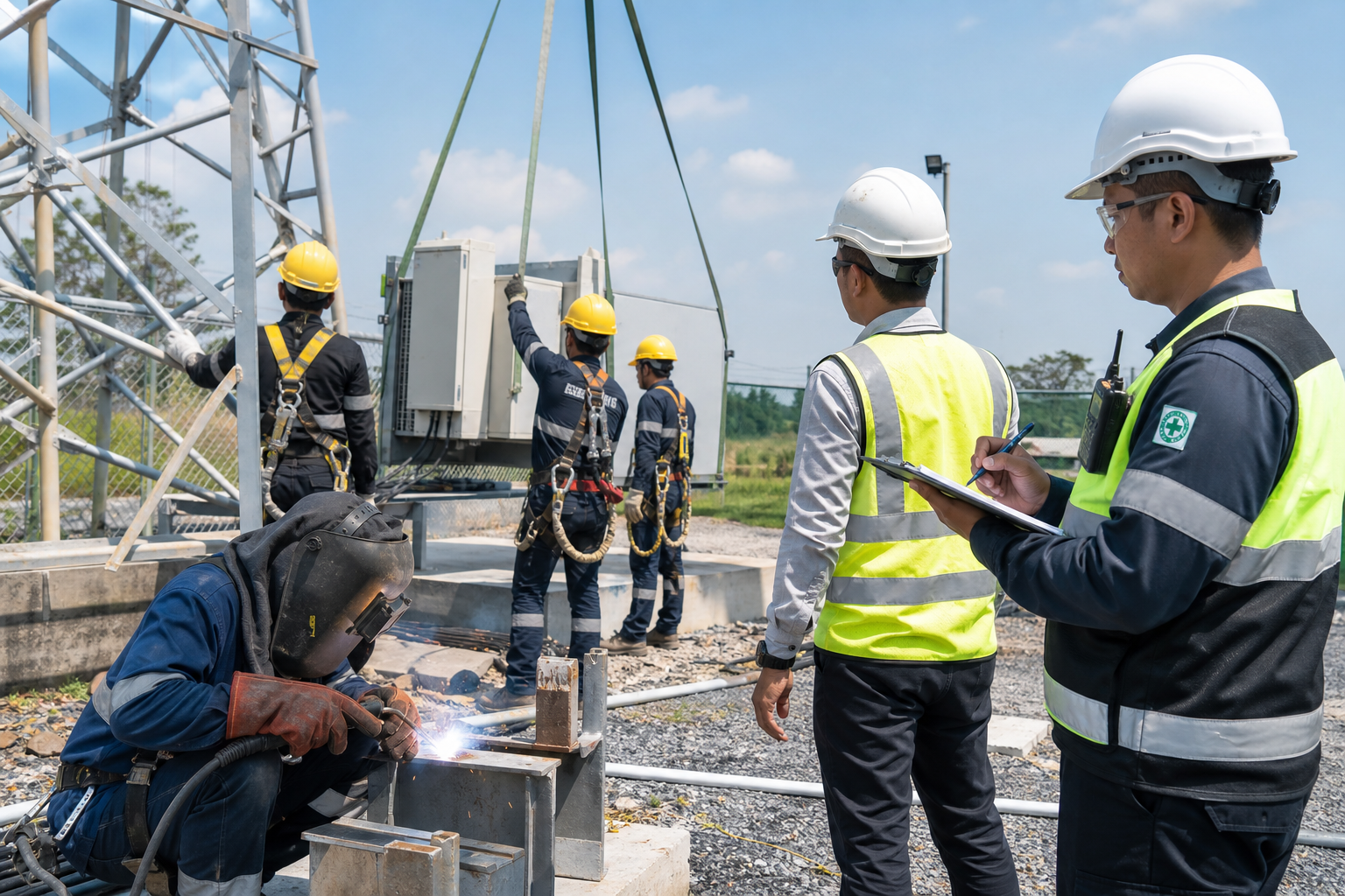 Wide realistic industrial field team scene with multiple professional riggers in full PPE and rigger harnesses coordinating lifting work, a welder in proper welding helmet and protective gear performing welding, an engineer in a safety vest and hard hat supervising, and a site safety officer in compliant safety officer attire and PPE conducting on-site safety checks in an active safety-compliant outdoor work environment