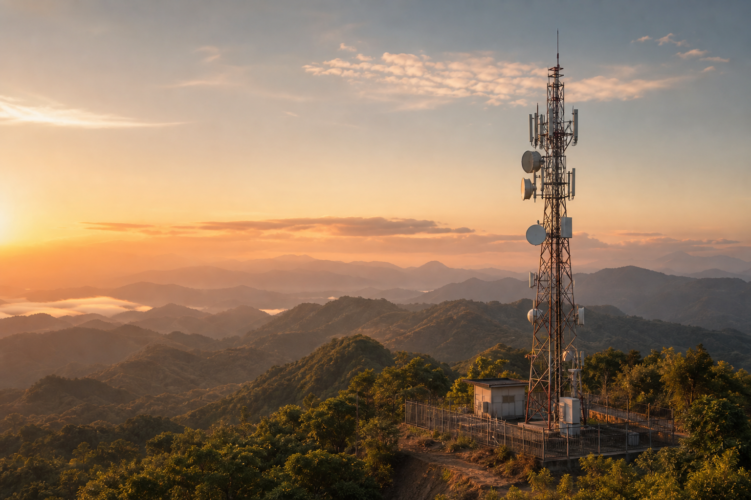 Tall telecommunications tower on elevated terrain with mountain ranges in the distance under warm golden-hour haze