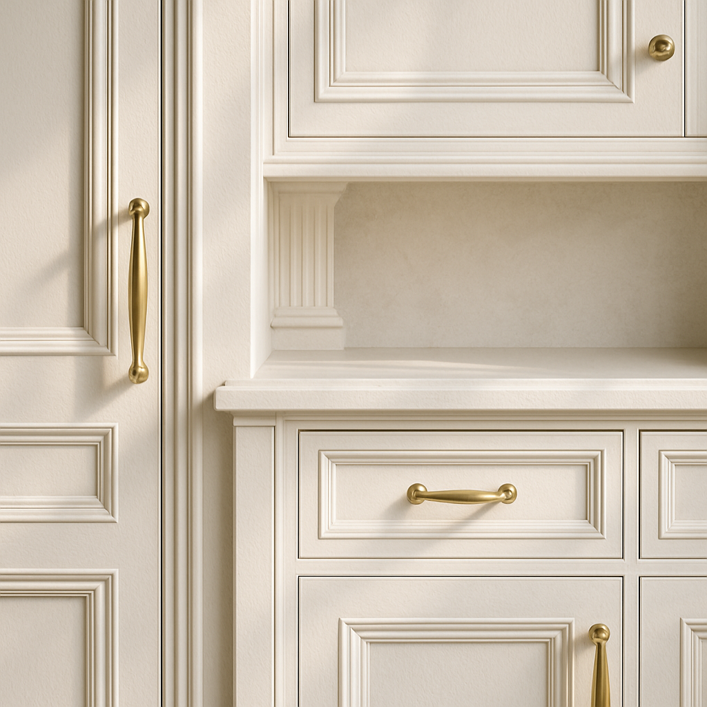 Close-up of intricate built-in cabinetry with soft white finishes and brushed gold hardware, evoking coastal luxury