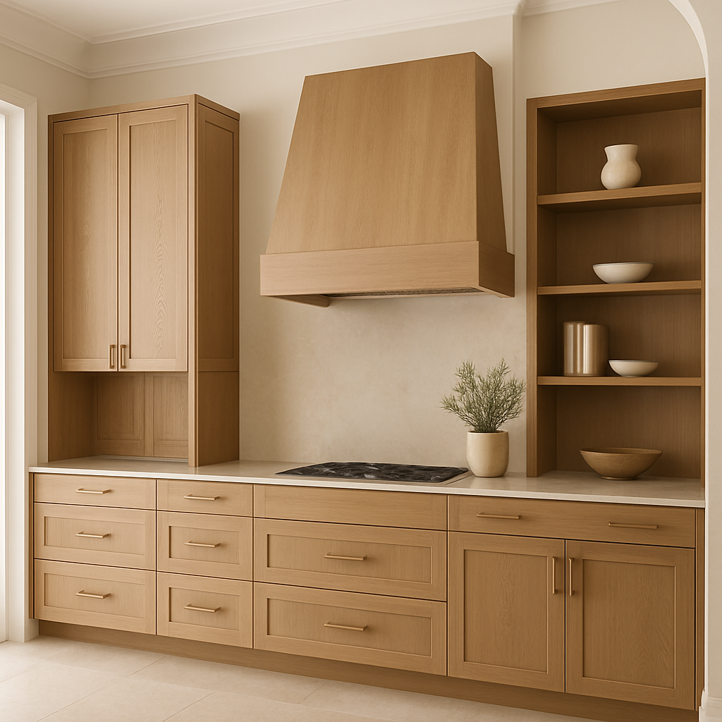 Elegant modern kitchen with custom wood cabinetry and built-in shelving, highlighting craftsmanship and refined finishes