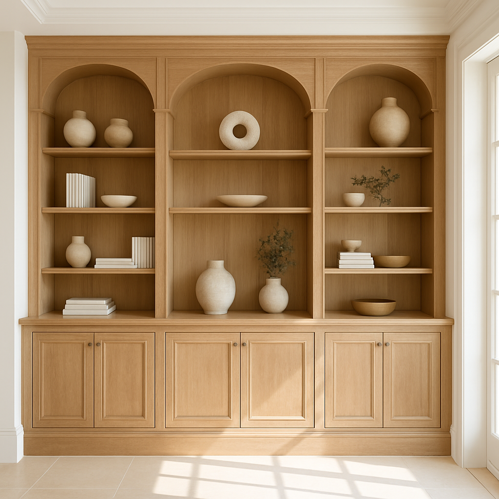 Custom built-in cabinetry and shelving with natural wood grain and elegant details in a luxury home