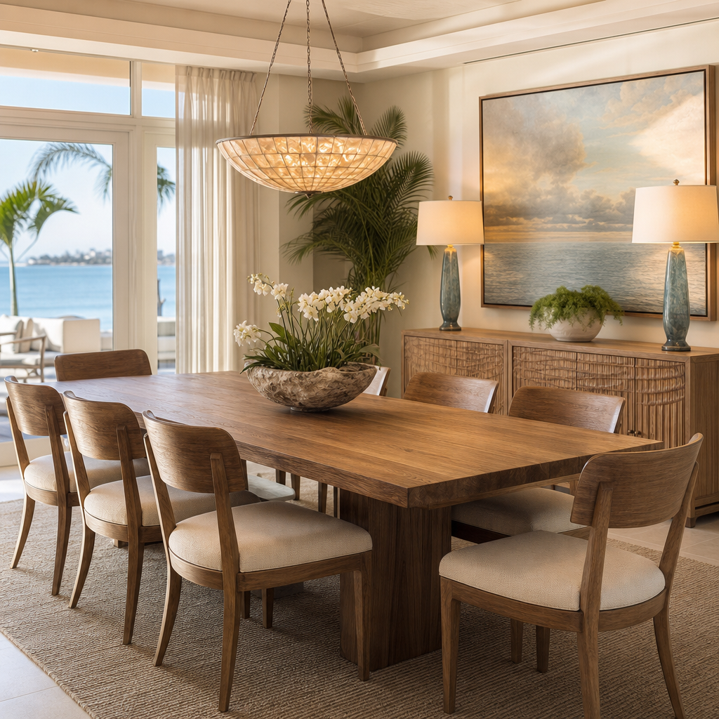 Beautiful handcrafted wooden dining room table with elegant matching chairs in a refined coastal luxury interior.