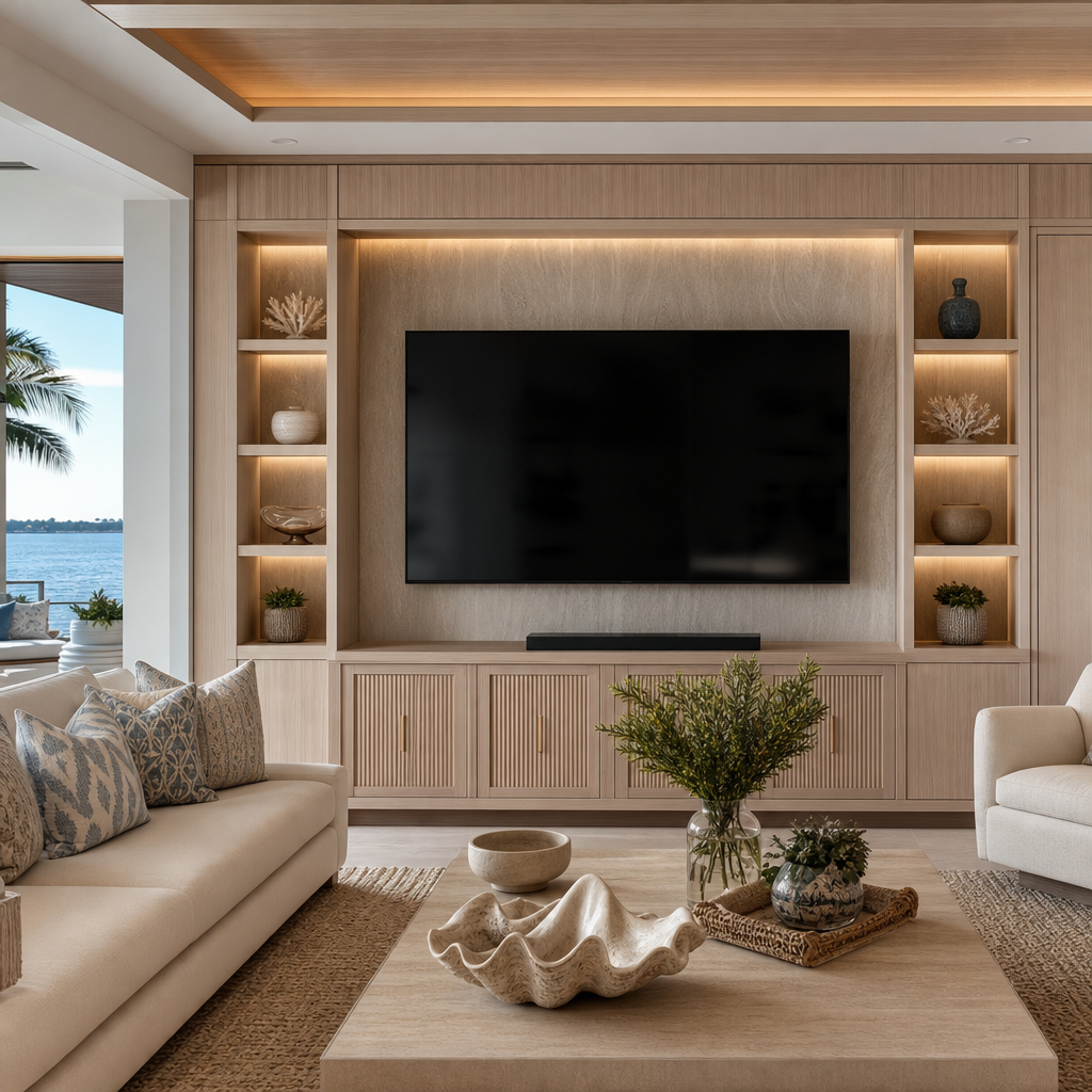 Custom built-in media wall with integrated shelving, concealed lighting, and crafted wood cabinetry in a luxury living space.
